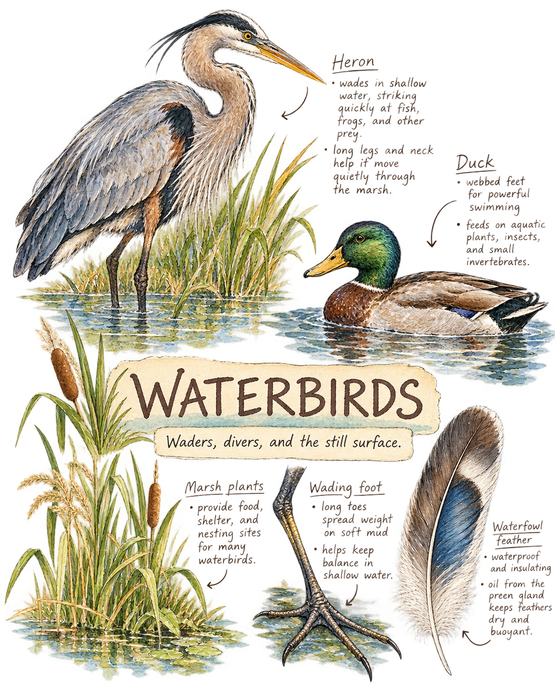 Waterbirds field note illustration